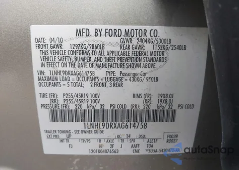 2010 Lincoln Mks из США, поврежденный, VIN 1LNHL9DRXAG614758